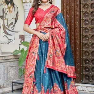 Teal Blue Dola Silk Lehenga Choli with Red Blouse | Bandhej & Ajarakh Print | Wedding & Festive Wear