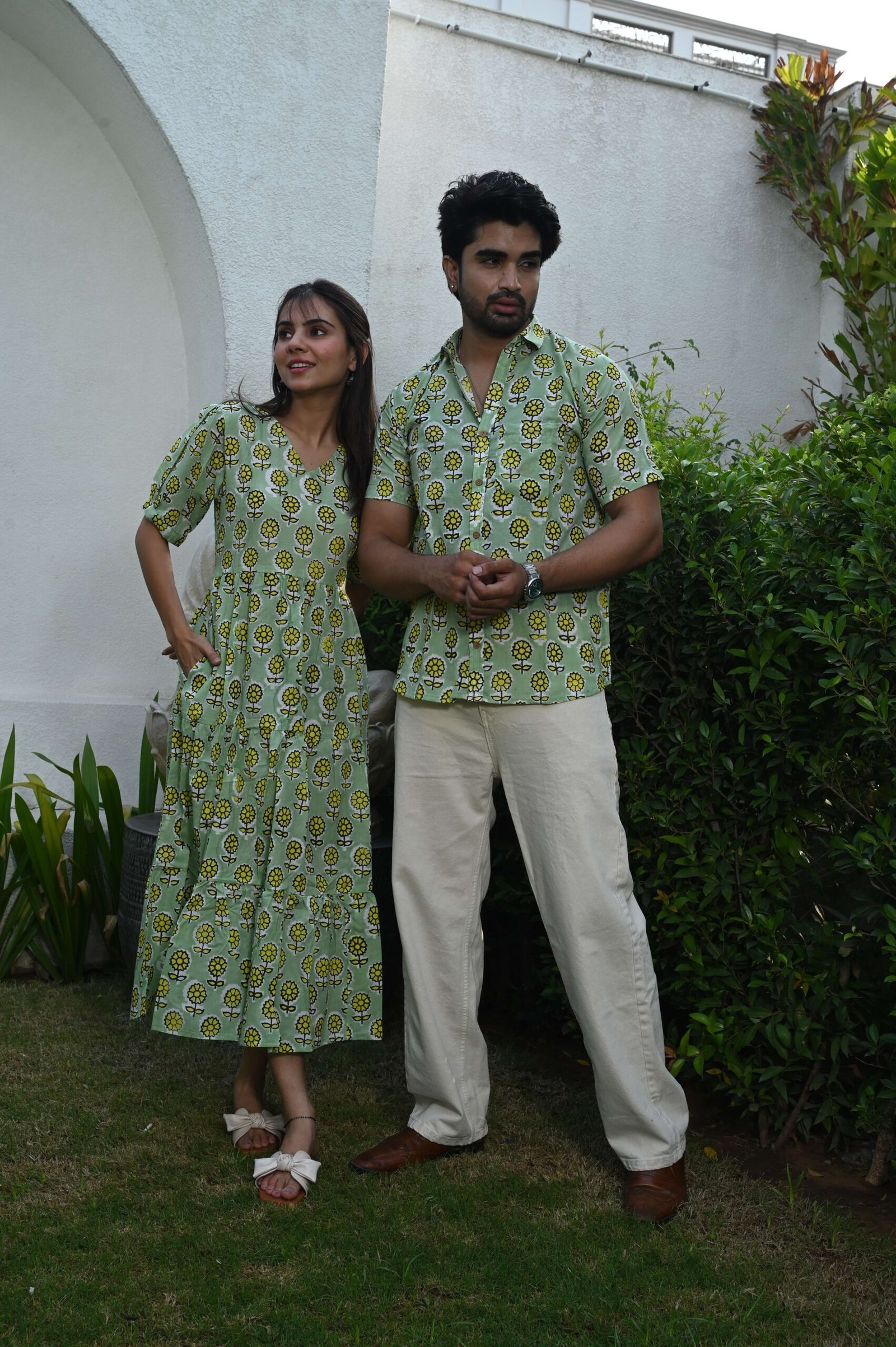 Couple Matching Light Green Printed Cotton Anarkali Midi Dress & Shirt Set ? Summer Casual Wear