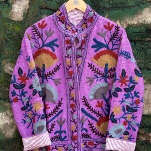 Womens Purple Velvet Embroidered Jacket with Floral Design